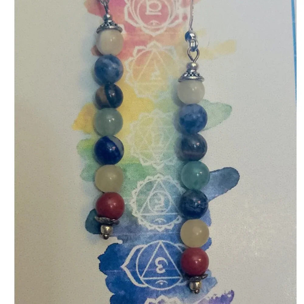 CHAKRA STONES EARRINGS, SILVERY BALI STYLE ACCENTS - Picture 4 of 7